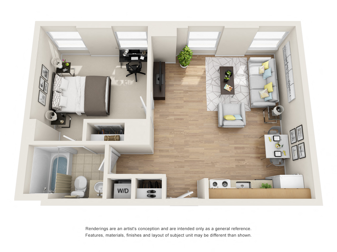 Floor plan for 1 bed, 1 bath, 627 sqft